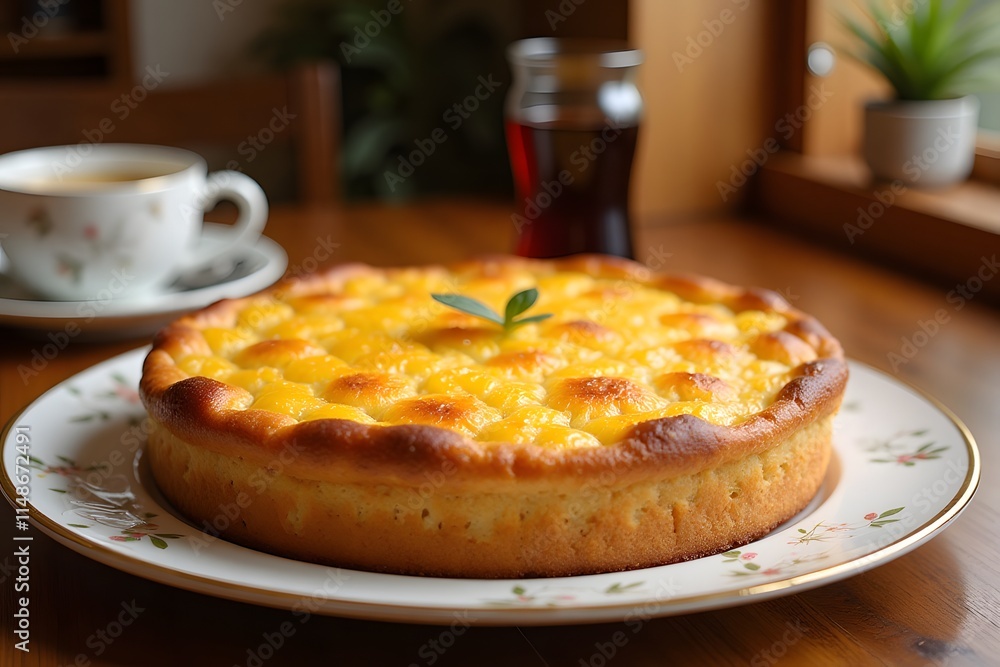Delicious homemade mango cheesecake on floral plate with coffee and syrup in cozy kitchen, bibingka Delicious homemade mango cheesecake on floral plate with coffee and syrup in cozy kitchen, bibingka