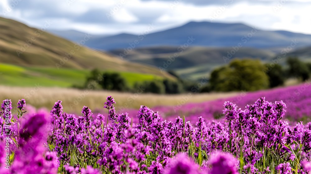 Vibrant purple wildflower meadow with mountains in background Vibrant purple wildflower meadow with mountains in background