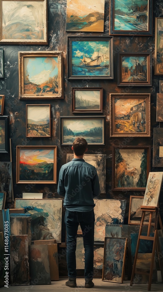 Obraz premium Curator thoughtfully arranging and displaying art in a vibrant gallery filled with framed masterpieces