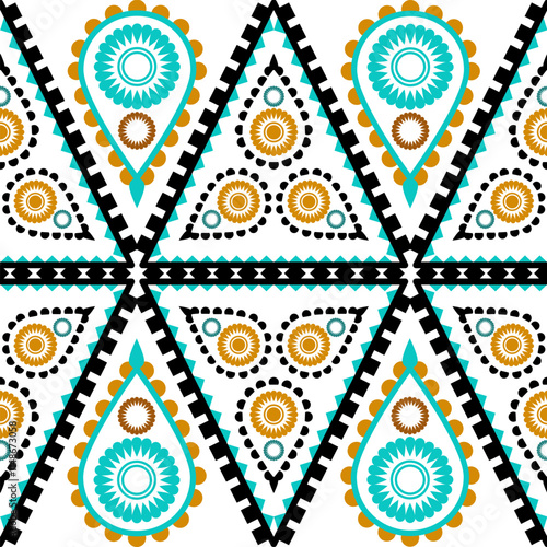 This dynamic pattern features a vibrant combination of teardrop shapes and circular floral motifs in turquoise, gold, black, and white. The design is structured within triangular sections