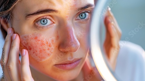 Inspirational beauty journey of a young woman examining her skin under bright light at home