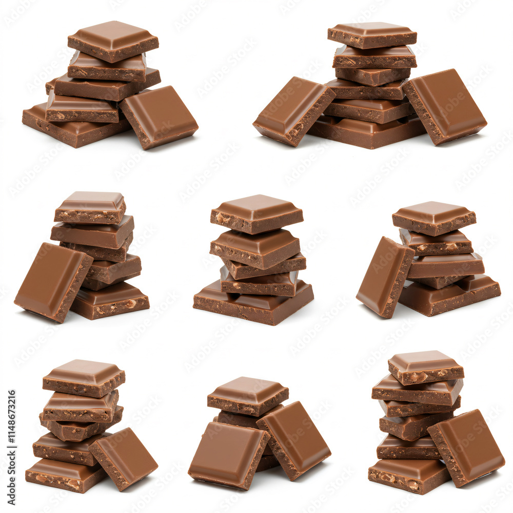 Nine stacks of milk chocolate squares on a white background. Nine stacks of milk chocolate squares on a white background.