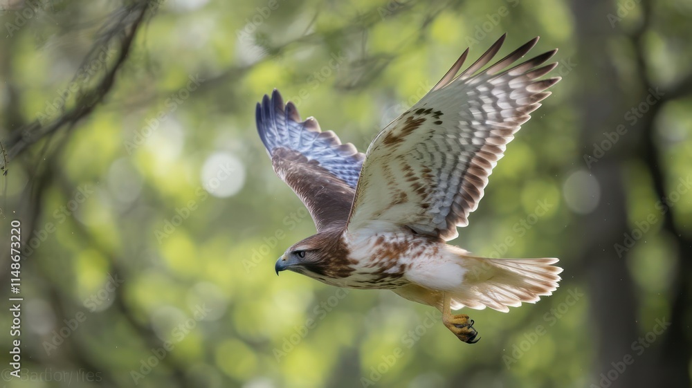 Fototapeta premium Red Tailed Hawk Soaring Through Verdant Forest Canopy