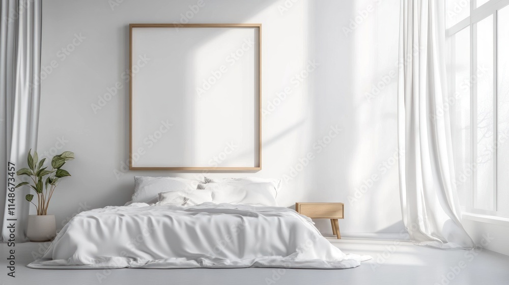 Minimalist Bedroom Interior with a Large Empty Frame Minimalist Bedroom Interior with a Large Empty Frame