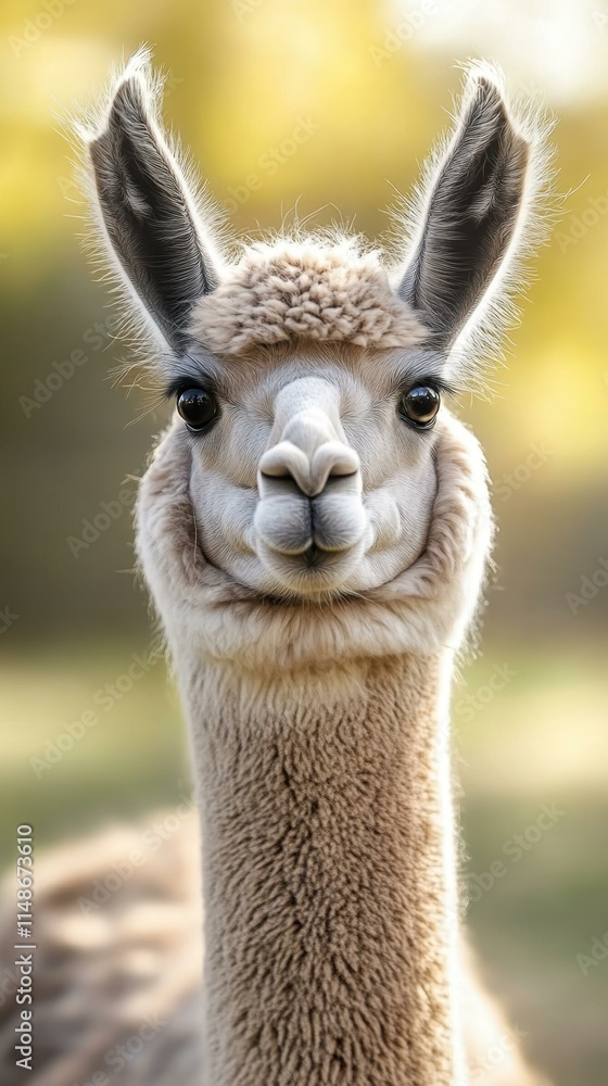 Obraz premium Soft Llama. Close-up brown llama with fluffy wool in natural blurred b