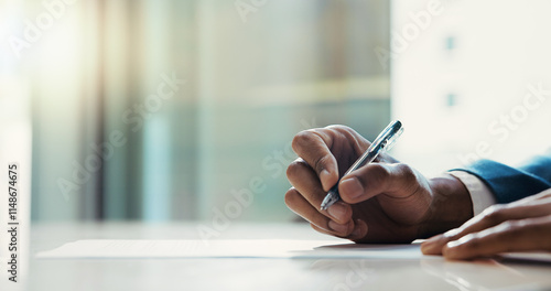 Fotografía Business paperwork, hands or signature in office for hiring agreement, contract application or policy information