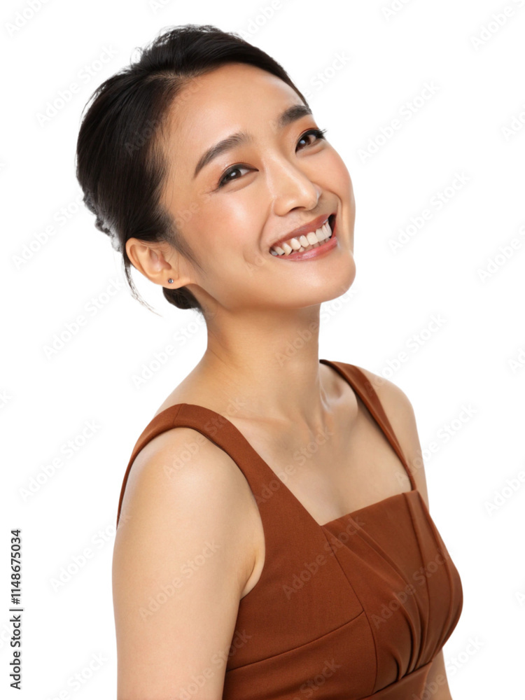 Cheerful Asian woman with confident smile looking at camera wearing brown dress on white background Cheerful Asian woman with confident smile looking at camera wearing brown dress on white background