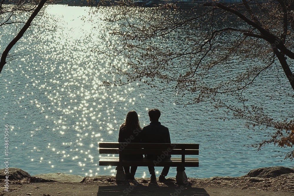Young couple enjoys a peaceful moment together on a lakeside bench at sunset, surrounded by shimmering water reflections Young couple enjoys a peaceful moment together on a lakeside bench at sunset, surrounded by shimmering water reflections