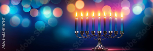 Burning hanukkah menorah celebrating jewish holiday against colorful bokeh background photo