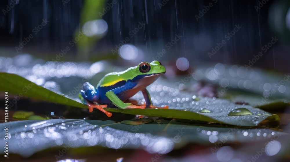 Naklejka premium Red eyed tree frog sits on a leaf in the rain