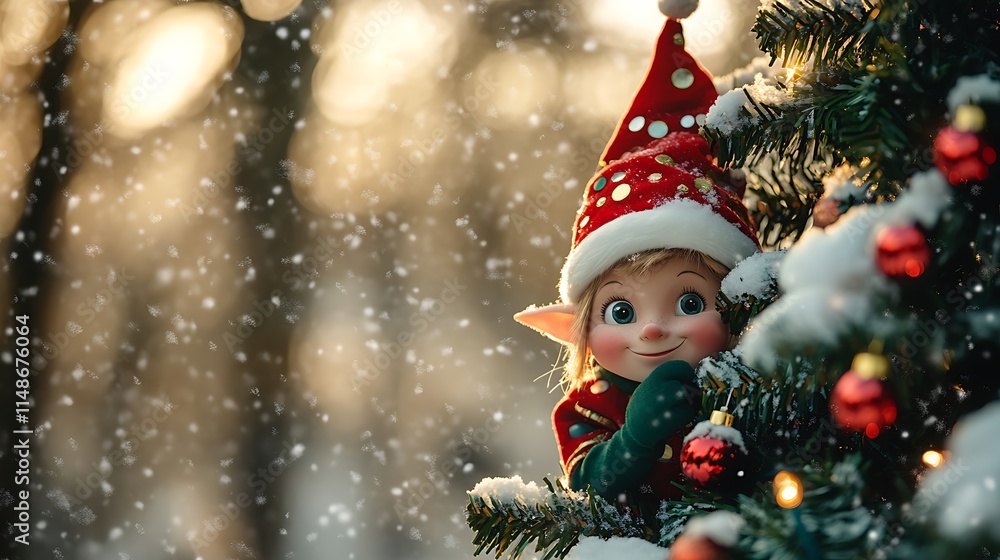 Festive Elf Hiding Behind A Snowy Christmas Tree Festive Elf Hiding Behind A Snowy Christmas Tree