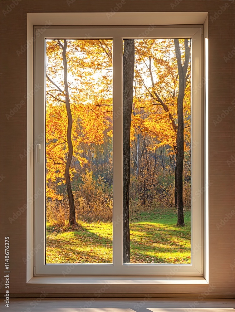 Fototapeta premium Golden autumn light pours through a window revealing a serene forest landscape