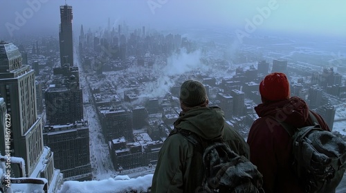 Survivors gaze over a frozen cityscape in a post-apocalyptic world filled with snow and ice