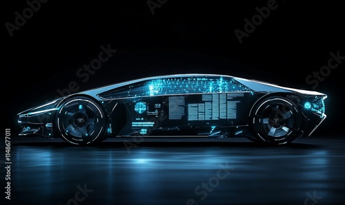 Futuristic car design with illuminated digital interface and sleek aesthetics. photo