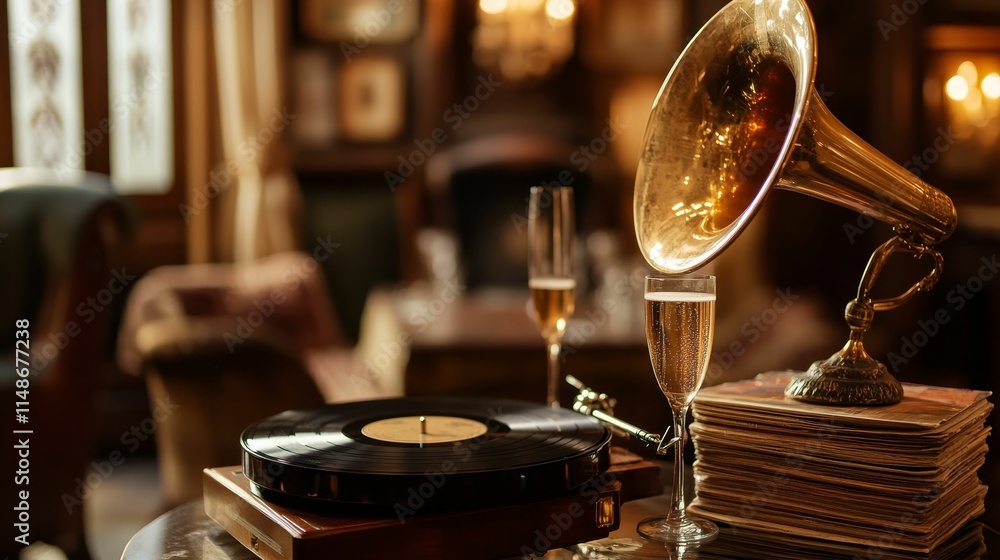 Obraz premium Record player, champagne flutes, vintage gramophone, books.