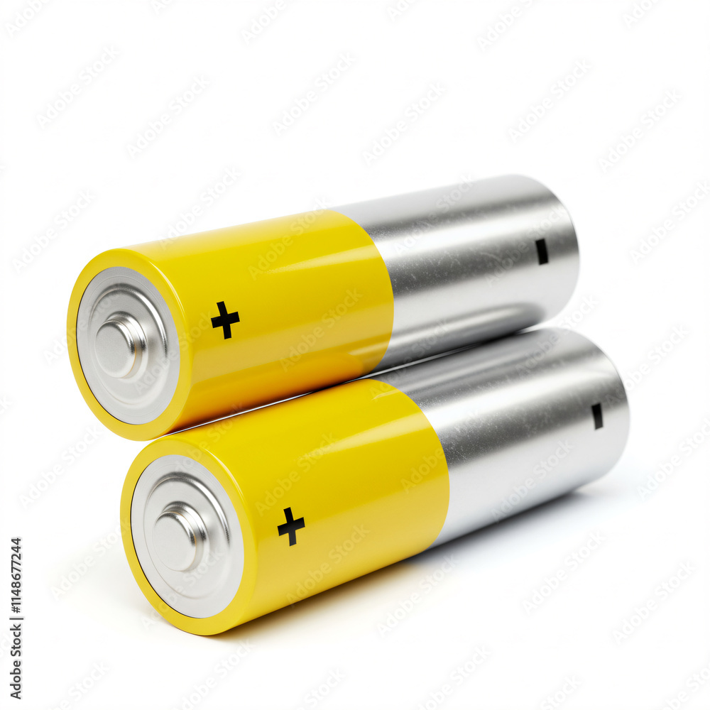 Two AA batteries with yellow tops and silver bottoms, displaying plus signs.