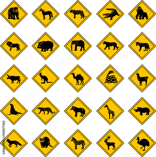 Yellow Road Signs Wild Animal Crossing. Vector Icons Bear, Horse, Tiger, Crocodile, Gorilla, Lion, Hippopotamus, Elephant, Panther, Coyote, Bull, Kangaroo, Camel, Snake, Llama, and Others