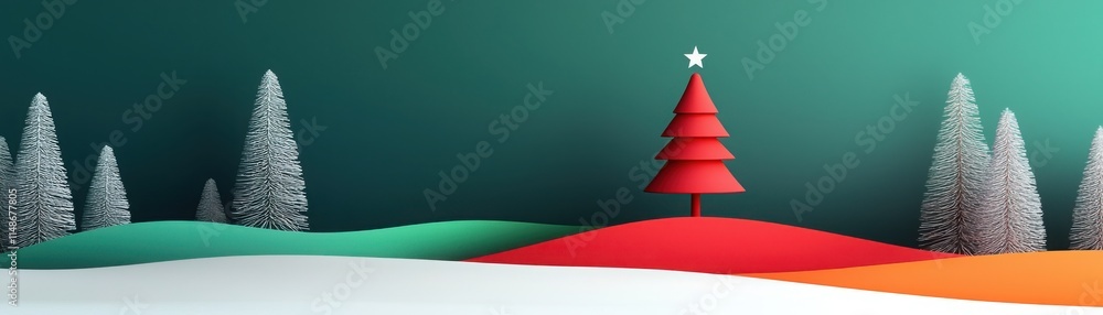 A stylized Christmas scene featuring a red tree surrounded by colorful hills and snow, evoking festive cheer and winter wonder. A stylized Christmas scene featuring a red tree surrounded by colorful hills and snow, evoking festive cheer and winter wonder.