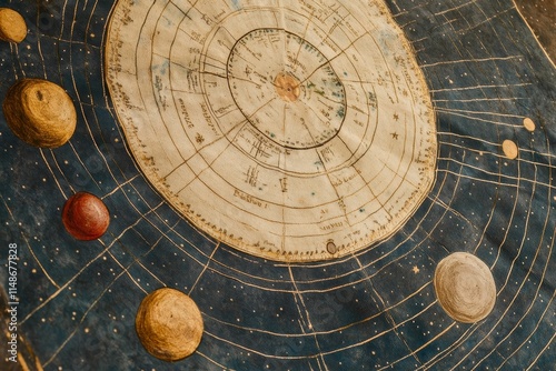 Aged celestial chart, planets, stars, grid pattern. photo