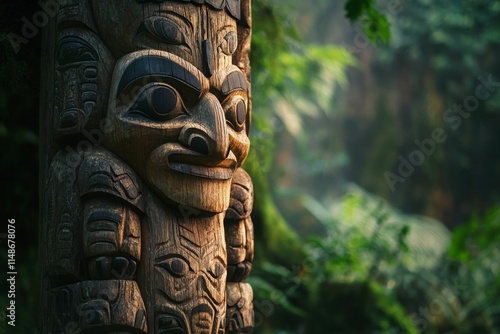 Carved wooden pole, multiple faces, lush green background.