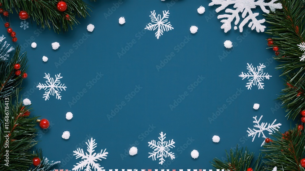 Festive Winter Wonderland Background with Green Pine Branches, Colorful Berries, and White Snowflakes on a Deep Blue Surface for Holiday Celebrations and Seasonal Designs Festive Winter Wonderland Background with Green Pine Branches, Colorful Berries, and White Snowflakes on a Deep Blue Surface for Holiday Celebrations and Seasonal Designs