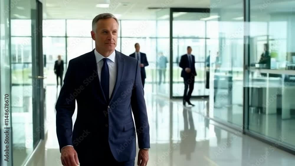 video of A confident middle-aged business leader walks through a modern office environment video of A confident middle-aged business leader walks through a modern office environment
