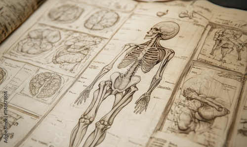 Aged anatomical drawings; skeletal and brain diagrams.