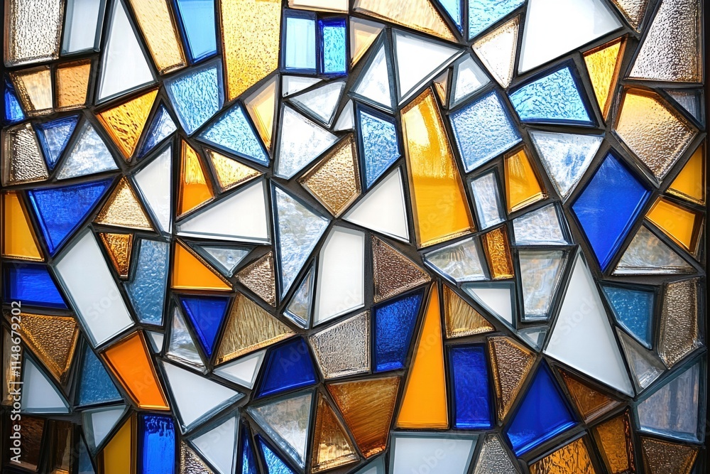 Colorful geometric stained glass window showcasing intricate patterns of blue, orange, yellow, and white, creating a vibrant and artistic visual display for architectural beauty Colorful geometric stained glass window showcasing intricate patterns of blue, orange, yellow, and white, creating a vibrant and artistic visual display for architectural beauty