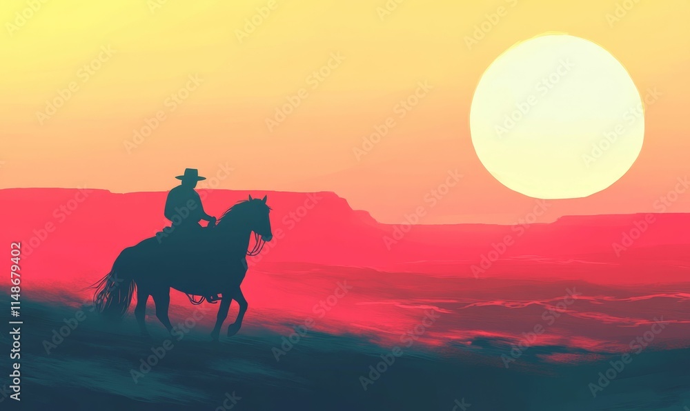 Fototapeta premium Silhouetted rider, horse, sunset, red landscape.