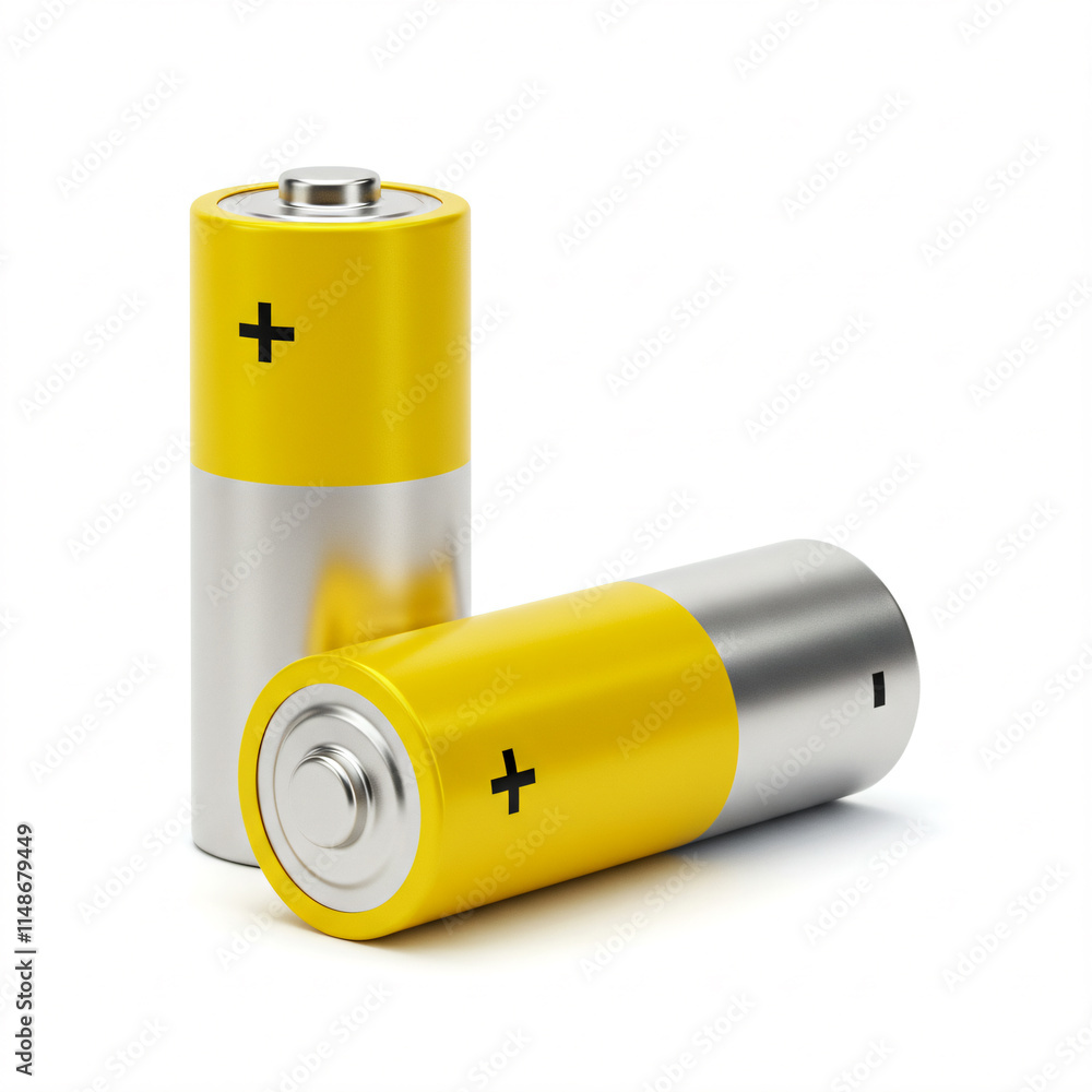 Two yellow and silver cylindrical batteries, one upright and one lying down. Two yellow and silver cylindrical batteries, one upright and one lying down.