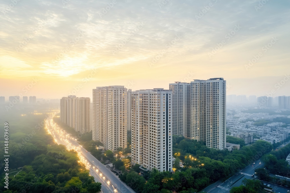 Fototapeta premium Aerial view of Delhi city landscape. Modern tower blocks line highway. Trees, green spaces surround buildings. Busy highway visible. Sunrise sunset light casts warm glow over scene. Development,