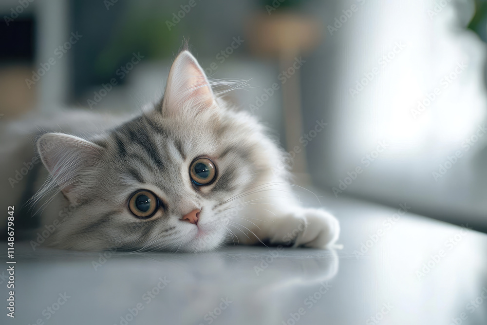 Adorable grey kitten lying on a table, looking at the camera. Adorable grey kitten lying on a table, looking at the camera.
