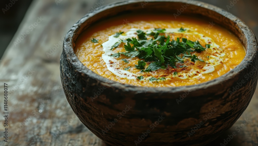 A bowl of creamy pumpkin soup garnished with a swirl of cream