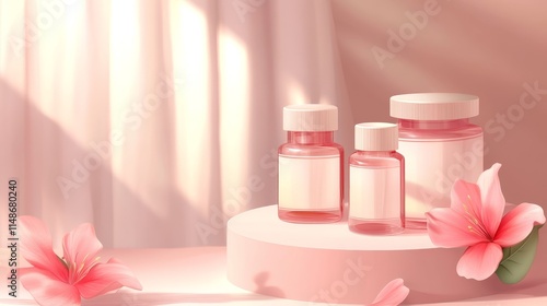 A serene arrangement of pink bottles and flowers on a soft background, evoking calmness.