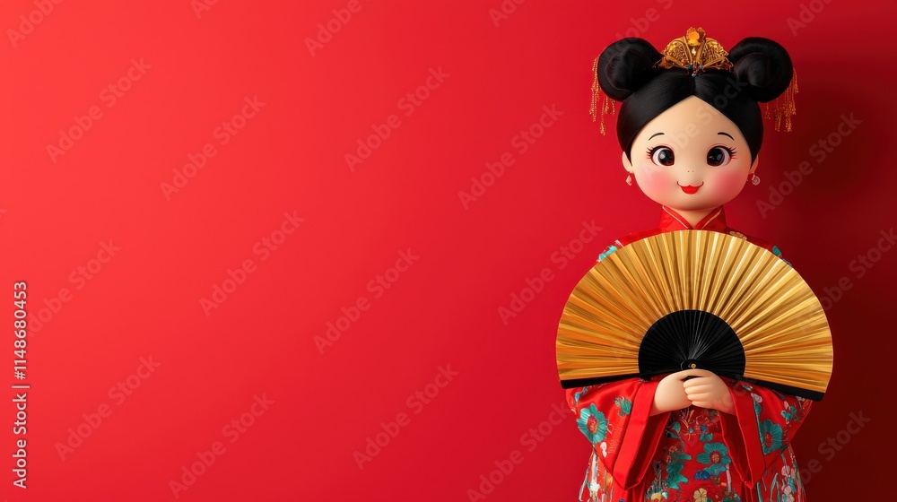 Charming Asian girl in traditional attire holds a decorative fan against a vibrant red background, showcasing cultural heritage and elegance in a whimsical style. Charming Asian girl in traditional attire holds a decorative fan against a vibrant red background, showcasing cultural heritage and elegance in a whimsical style.