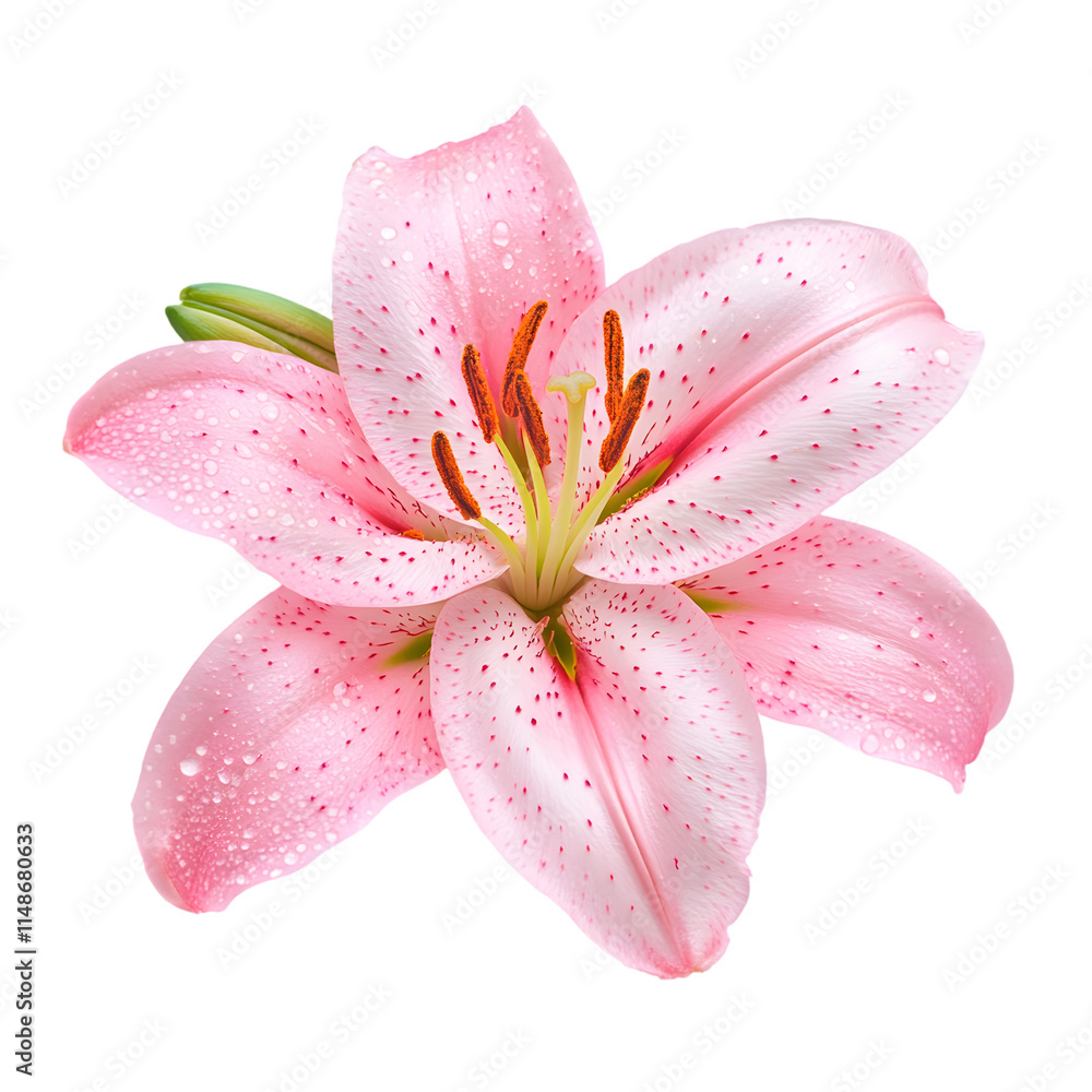 A pink lily flower with water isolated on a transparent background.
A pink lily flower with water isolated on a transparent background.