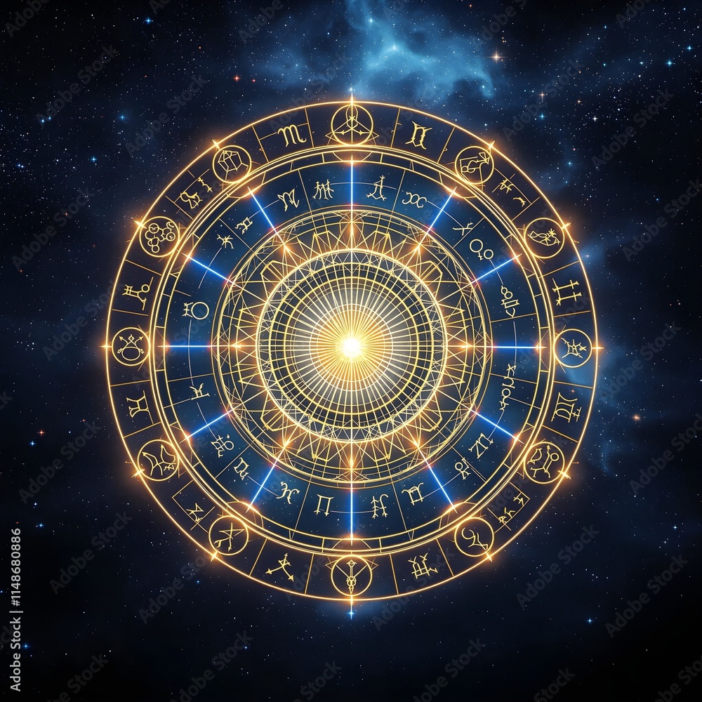 Obraz premium Celestial Zodiac Wheel in Cosmic Space