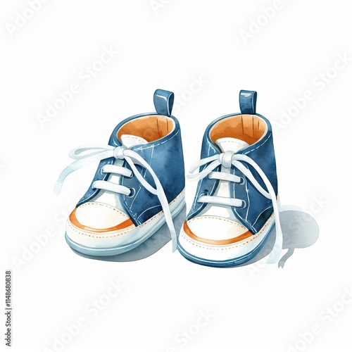 Adorable watercolor painting of a pair of baby shoes. These tiny blue sneakers with orange accents are perfect for a nursery announcement or baby shower invite.