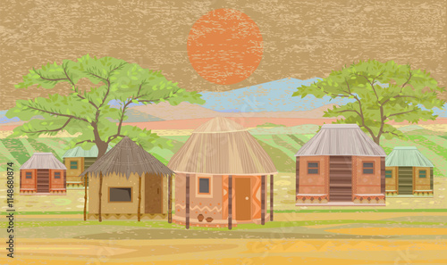 rural african scene with traditional huts, acacia trees. vintage grungy background with africa landscape at sunset