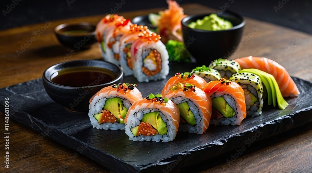 Delightful arrangement of exquisite sushi rolls showcasing vibrant colors and fresh ingredients on a sleek slate platter Delightful arrangement of exquisite sushi rolls showcasing vibrant colors and fresh ingredients on a sleek slate platter