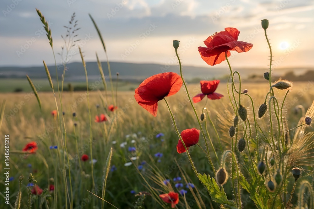 Obraz premium Natural spring summer landscape with red poppies