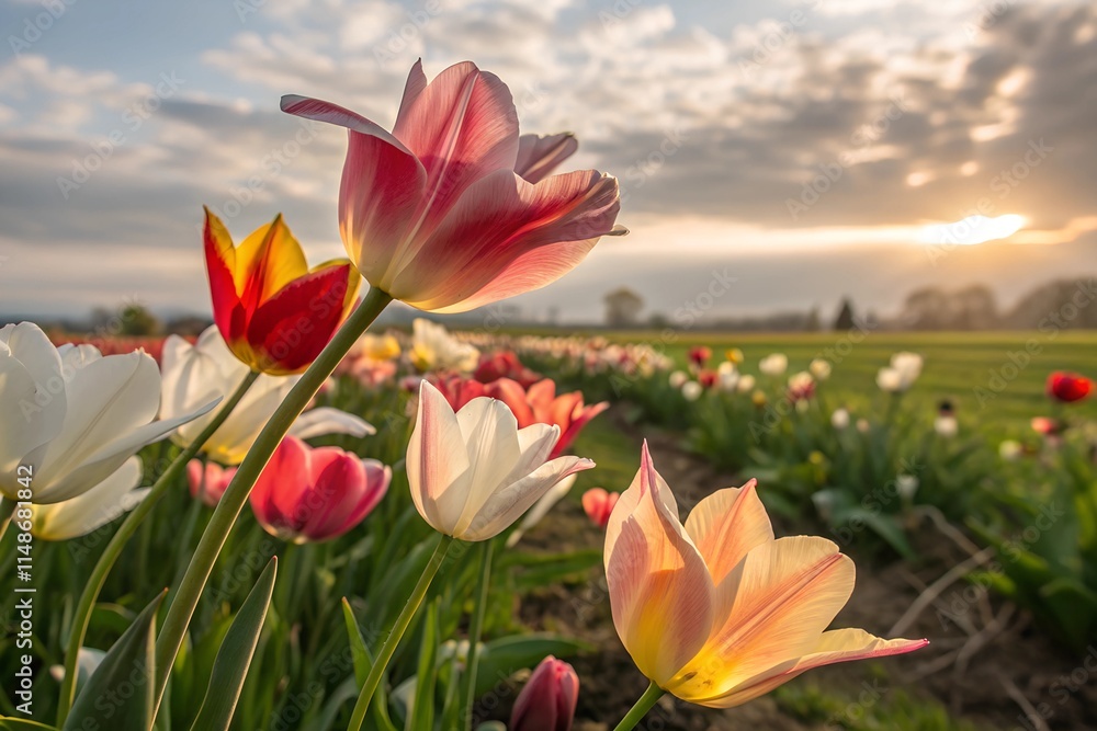 loseup of colorful beautiful blooming tulips (tulipa) on field in spring, illuminated by the sun