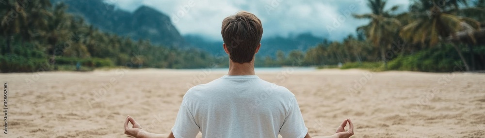 Serene Moment of Meditation by a Man on the Beach with Lush Greenery and Majestic Mountains in the Background Under a Dramatic Sky Serene Moment of Meditation by a Man on the Beach with Lush Greenery and Majestic Mountains in the Background Under a Dramatic Sky