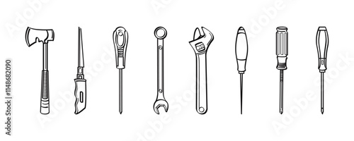 Hand drawn black and white tool icons. axe, utility knife, screwdriver, wrench, spanner - perfect for DIY, crafting, and repair projects