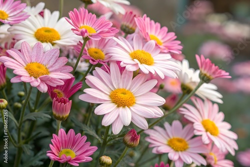 Vivid Pink and White Daisies in a Full Bloom Floral Pattern with Yellow Centers