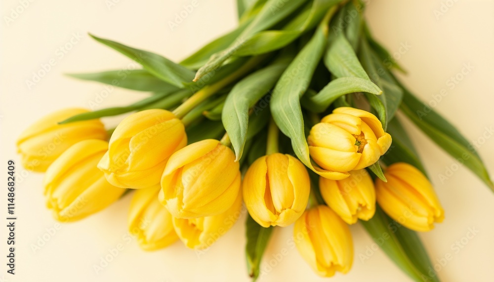 floral background. Bright bouquet of yellow tulips with fresh greenery on a soft pastel background, copy space, Women's Day, Mother's Day, Wedding, Valentine's Day, birthday, anniversary floral background. Bright bouquet of yellow tulips with fresh greenery on a soft pastel background, copy space, Women's Day, Mother's Day, Wedding, Valentine's Day, birthday, anniversary