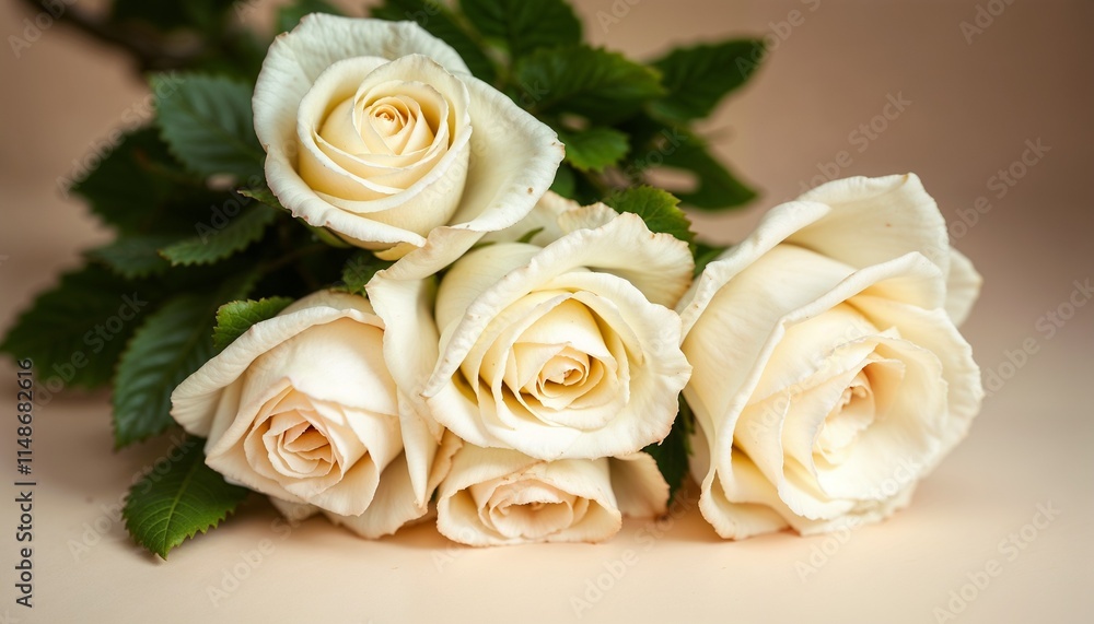 Elegant bouquet of white roses symbolizing purity on a soft beige background, floral background, copy space, Women's Day, Mother's Day, Wedding, Valentine's Day, birthday, anniversary Elegant bouquet of white roses symbolizing purity on a soft beige background, floral background, copy space, Women's Day, Mother's Day, Wedding, Valentine's Day, birthday, anniversary