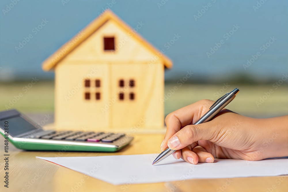 Hand writing with pen on piece of paper, mortgage calculations concept, wooden house model and calculator, finance accounting