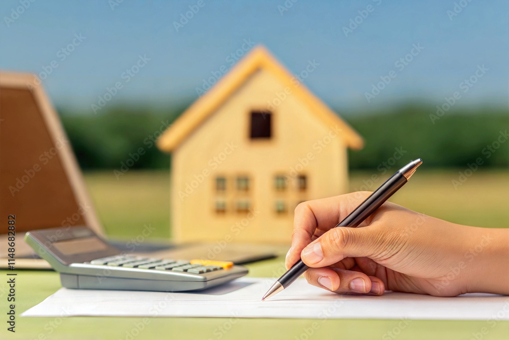 Hand writing with pen on piece of paper, mortgage calculations concept, wooden house model and calculator, finance accounting