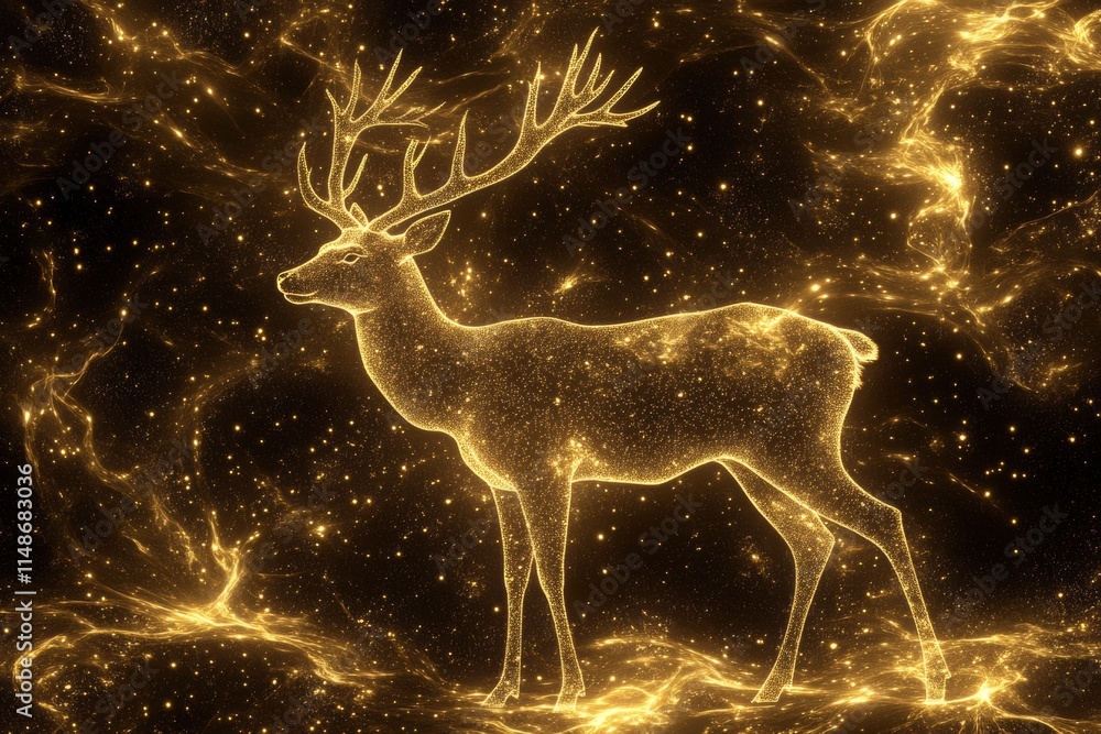 Ethereal Golden Deer in Cosmic Space with Glowing Stars and Nebula Background, Perfect for Fantasy Themes, Nature Illustrations, and Artistic Creations Ethereal Golden Deer in Cosmic Space with Glowing Stars and Nebula Background, Perfect for Fantasy Themes, Nature Illustrations, and Artistic Creations